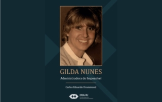 Capa do livro Gilda Nunes: Administradora do Impossível. A imagem mostra uma fotografia de Gilda Nunes sorrindo, em tom sépia, sobre um fundo azul escuro com a logo do CRA-RJ.