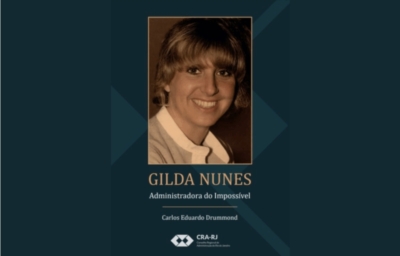 Capa do livro Gilda Nunes: Administradora do Impossível. A imagem mostra uma fotografia de Gilda Nunes sorrindo, em tom sépia, sobre um fundo azul escuro com a logo do CRA-RJ.