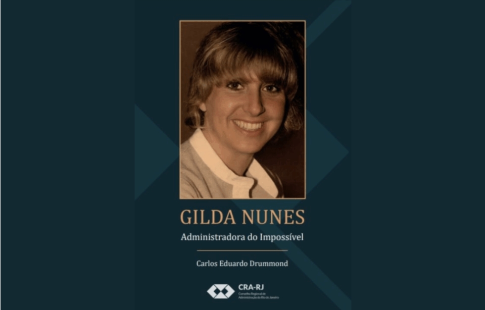 Capa do livro Gilda Nunes: Administradora do Impossível. A imagem mostra uma fotografia de Gilda Nunes sorrindo, em tom sépia, sobre um fundo azul escuro com a logo do CRA-RJ.